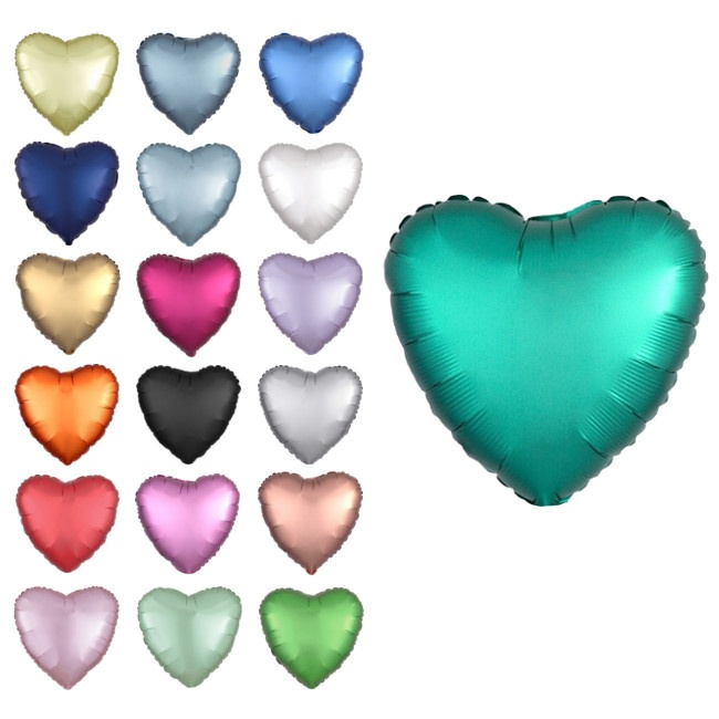 Vista delantera del globo de corazón satín de 43 cm - Anagram - 1 unidad en color amarillo, azul acero, azul marino, azul pastel, blanco, dorado, fucsia, naranja, negro, plateado, rojo, rosa, rosa dorado, rosa pastel, verde, verde claro y verde oscuro