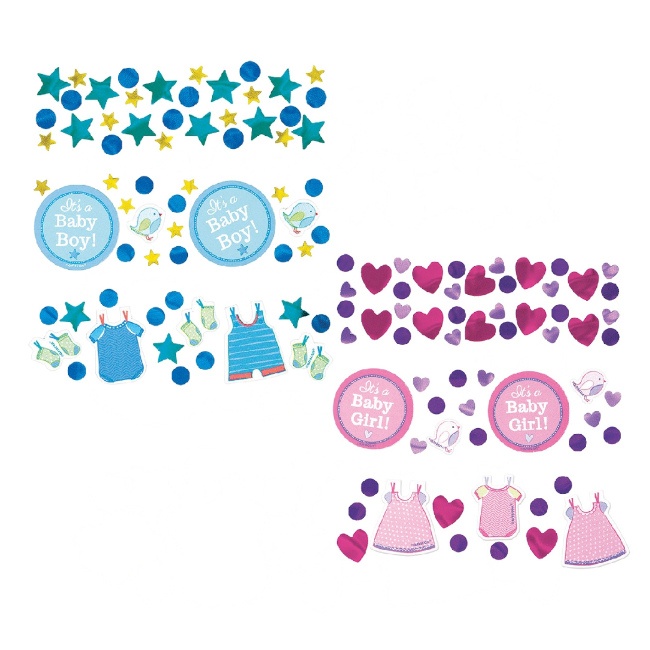 Vista frontal del confetti de Baby Party de 34 gr en color azul y rosa