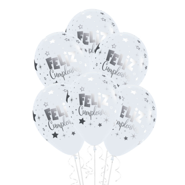 Globos de látex sólido blanco de Feliz Cumpleaños plateado de 30 cm -  Sempertex - 12 unidades por 4,00 €