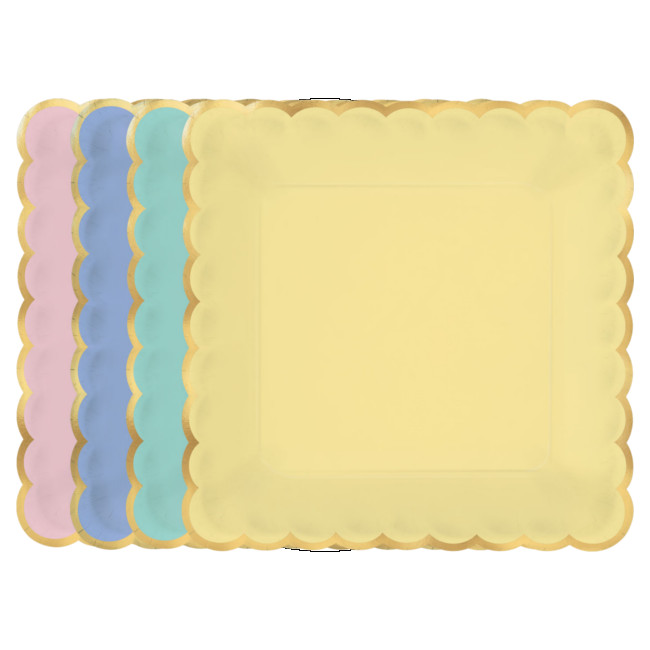 Vista principal del platos cuadrados surtidos de 4 colores de 25 cm - 8 unidades