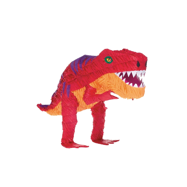 Vista frontal del piñata 3D de dinosaurio de 48 x 41 x 9 cm
