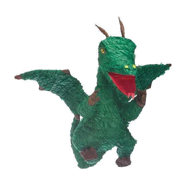 Vista delantera del piñata 3D de dragón verde de 76 x 32 x 12 cm