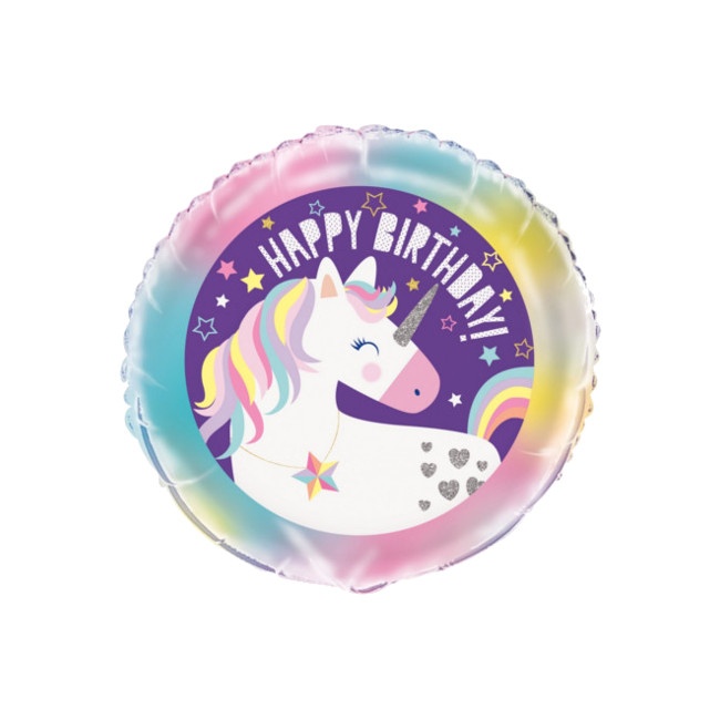 Vista frontal del globo de unicornio feliz cumpleaños de 45 cm - Qualatex en stock