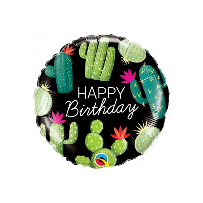 Vista frontal del globo redondo de cactus Happy Birthday de 46 cm - Qualatex en stock