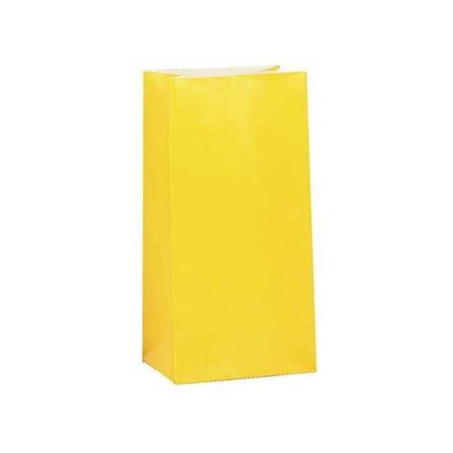 Vista delantera del bolsas de papel de colores de 13 x 25,5 x 8,5 cm - 12 unidades en color amarillo, azul, azul marino, blanco, naranja, negro, rojo, rosa, verde y verde oscuro