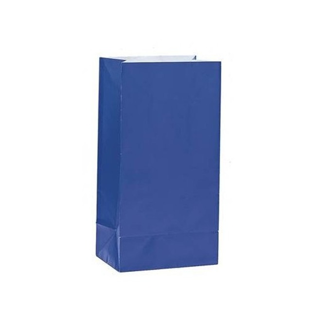 Vista delantera del bolsas de papel de colores de 13 x 25,5 x 8,5 cm - 12 unidades en color amarillo, azul, azul marino, blanco, fucsia, lila, naranja, negro, rojo, rosa, verde y verde oscuro