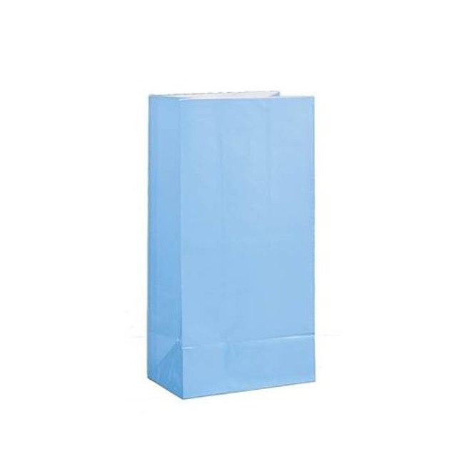 Vista delantera del bolsas de papel de colores de 13 x 25,5 x 8,5 cm - 12 unidades en color amarillo, azul, azul marino, blanco, fucsia, lila, naranja, negro, rojo, rosa, verde y verde oscuro