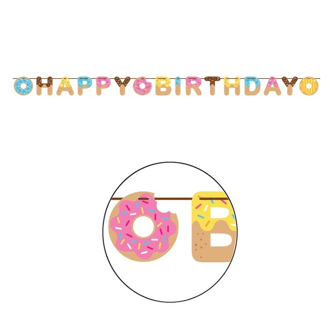 Vista frontal del guirnalda feliz cumpleaños de Donuts - 2,60 m en stock