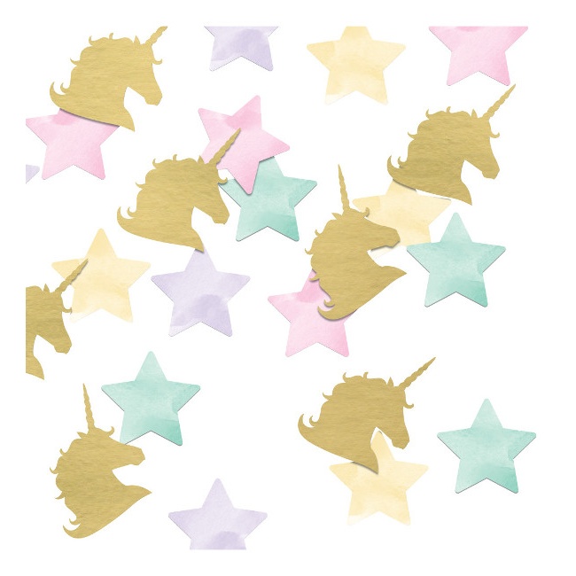 Vista frontal del confetti de Unicornios y estrellas de 3 gr en stock