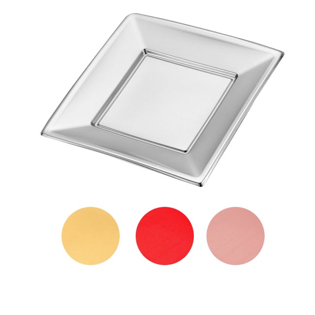 Vista frontal del platos cuadrados metalizados de 23 cm - Maxi Products - 4 unidades en color dorado, plateado, rojo y rosa dorado