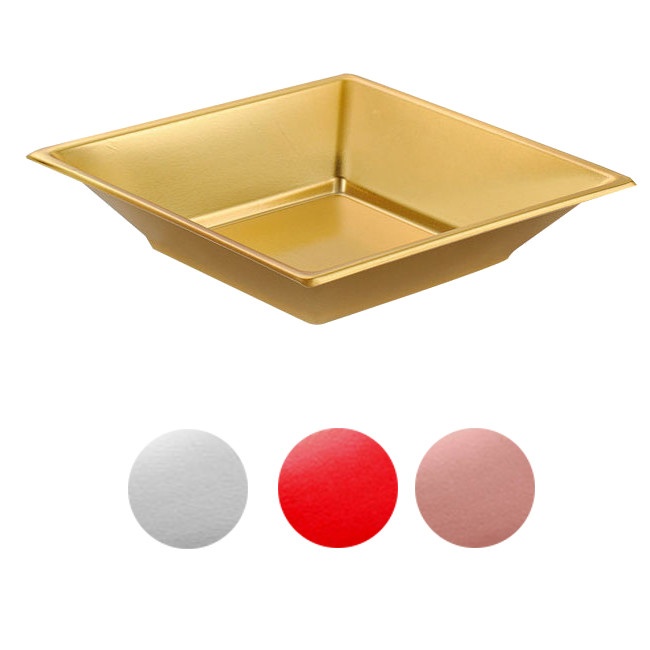 Vista delantera del platos cuadrados hondos metalizados de 17 cm - Maxi Products - 4 unidades en color dorado, plateado, rojo y rosa dorado