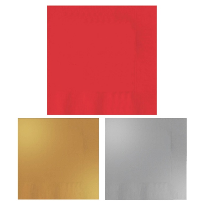 Vista frontal del servilletas metalizadas de 16,5 x 16,5 cm - 30 unidades en color dorado, plateado y rojo