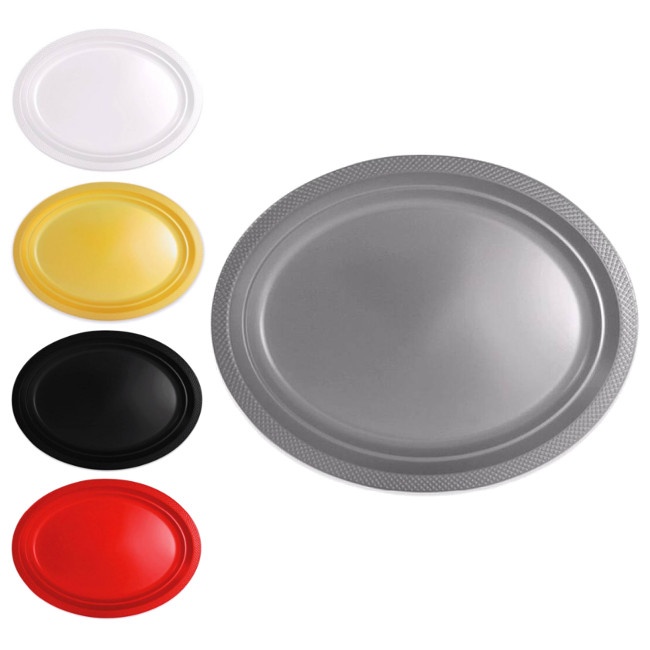 Vista frontal del bandejas ovaladas de 31 x 24 cm - Maxi Products - 10 unidades en color blanco, dorado, negro, plateado y rojo