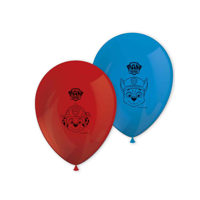 Vista frontal del globos de látex de la Patrulla Canina azules y rojos - Procos - 8 unidades en stock