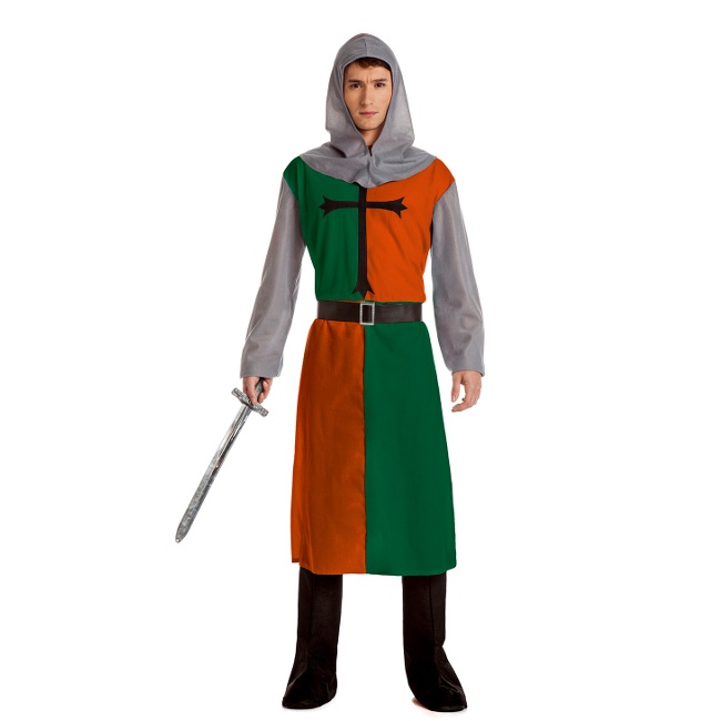 Vista delantera del disfraz de caballero templario verde y naranja disponible también en talla XL