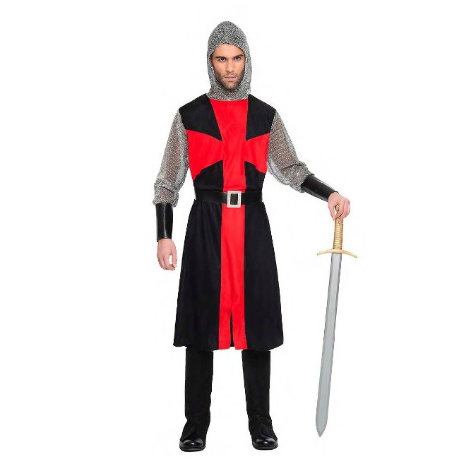 Vista delantera del disfraz de caballero cruzado rojo y negro disponible también en talla XL