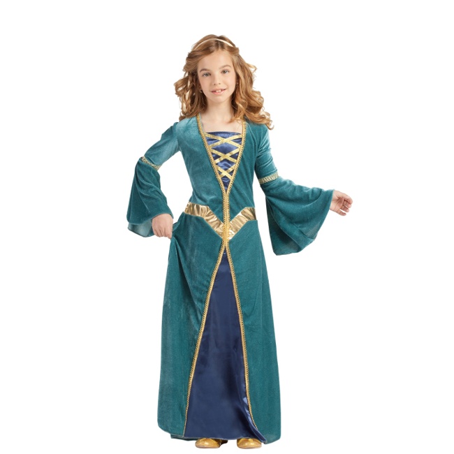 Vista delantera del disfraz de dama medieval con vestido en tallas 3 a 12 años