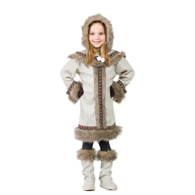 Vista frontal del disfraz de esquimal con capucha y guantes en tallas 3 a 12 años
