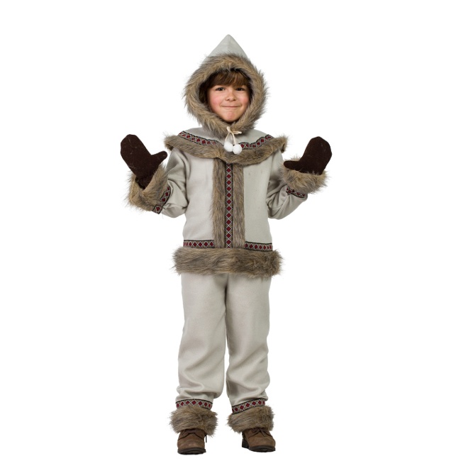 Vista principal del disfraz de esquimal con capucha y guantes en tallas 3 a 12 años