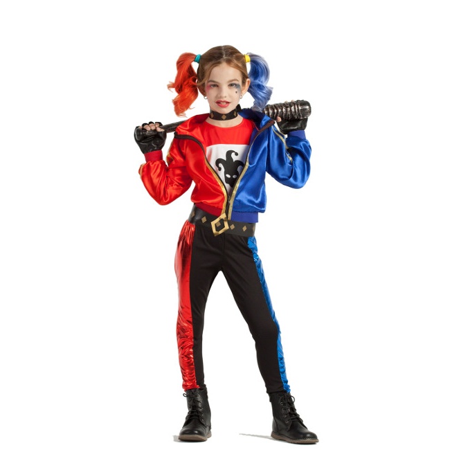 Vista frontal del disfraz de Harley supervillana infantil en tallas 3 a 12 años