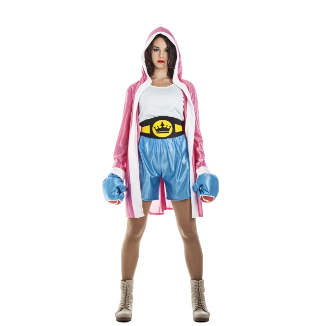 Vista delantera del disfraz de boxeador con guantes disponible también en talla XL