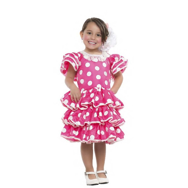 Vista delantera del disfraz de sevillana rosa y blanco en tallas 3 a 6 años