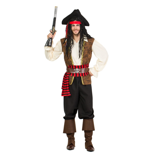 Vista frontal del disfraz de capitán barco pirata disponible también en talla XL