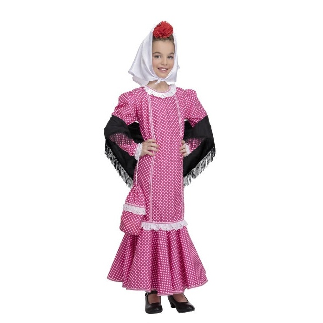 Vista principal del disfraz de chulapa rosa en tallas 3 a 12 años