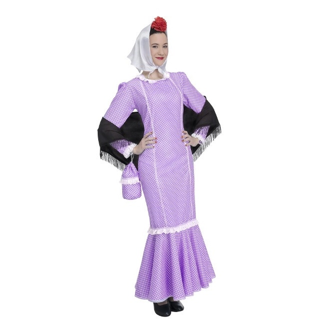 Vista delantera del disfraz de chulapa lila disponible también en talla XL