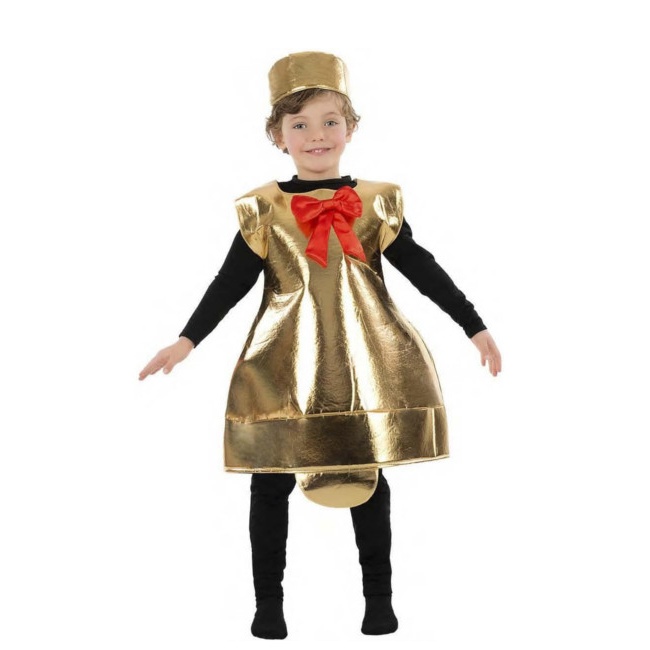 Vista delantera del disfraz de campana dorada infantil en tallas 3 a 9 años