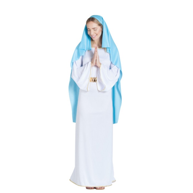 Vista principal del disfraz de Virgen María con manto azul