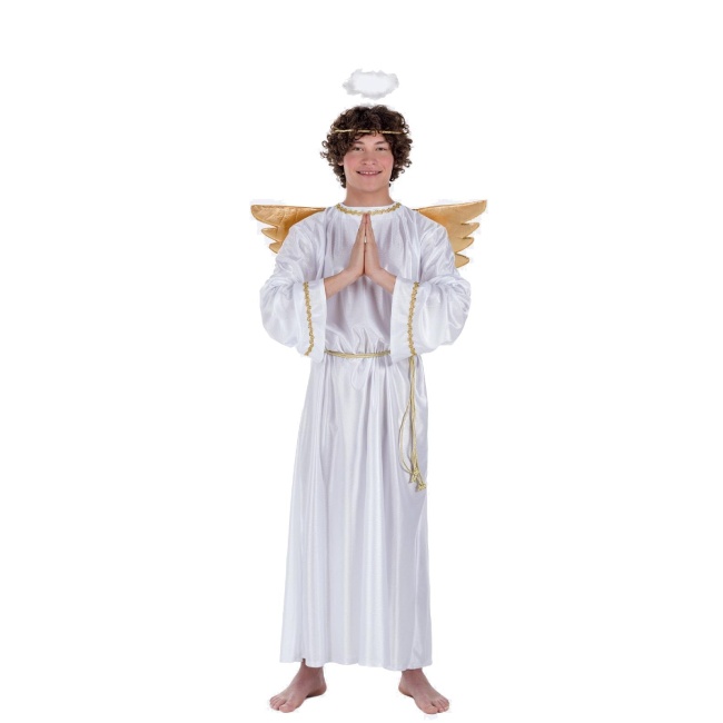 Vista frontal del disfraz de ángel con alas doradas