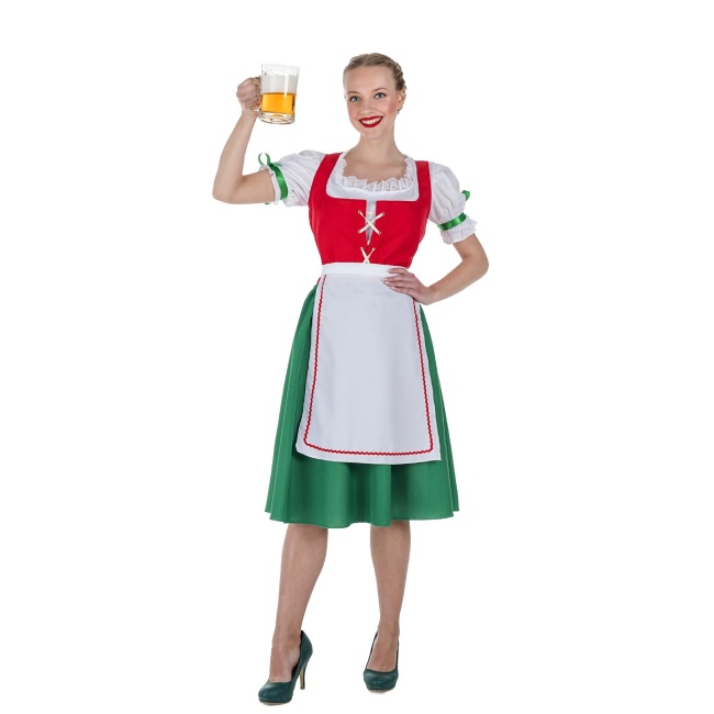 Vista frontal del disfraz de alemán oktoberfest rojo y verde disponible también en talla XL