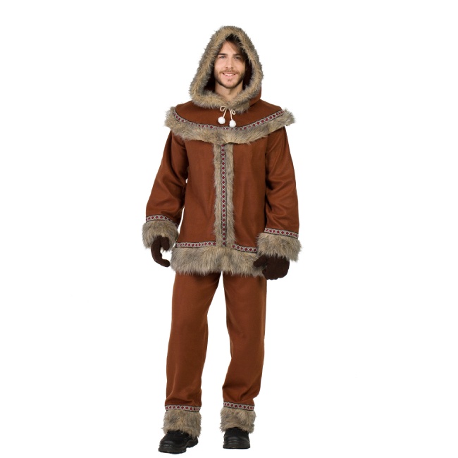 Vista frontal del disfraz de esquimal con capucha y guantes marrón en stock