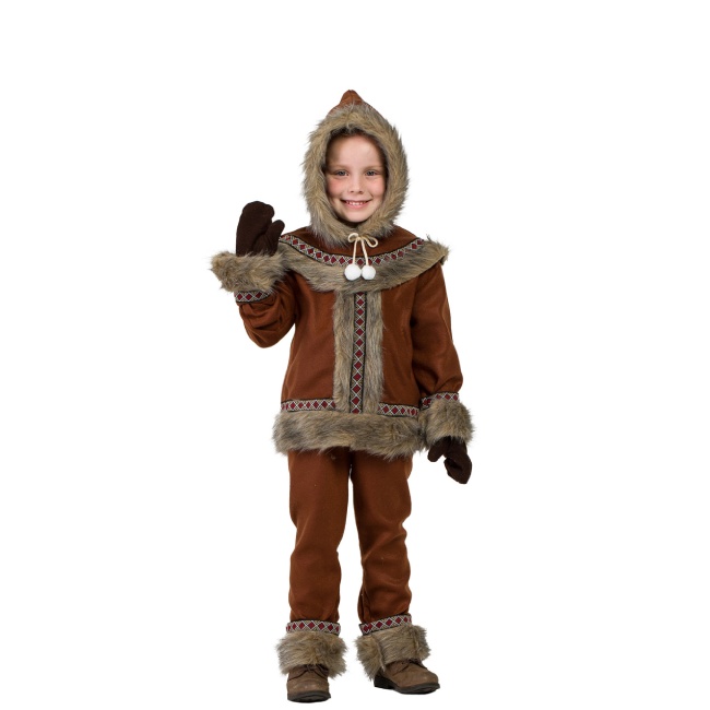 Vista principal del disfraz de esquimal con capucha y guantes marrón en tallas 3 a 12 años