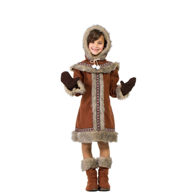 Vista delantera del disfraz de esquimal con capucha y guantes marrón en tallas 3 a 12 años