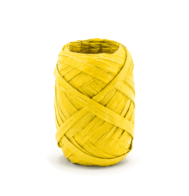Vista delantera del bobina de rafia de 10 m en color amarillo, blanco, crema, dorado, fucsia, lila, melocotón, negro, plateado, rosa y verde