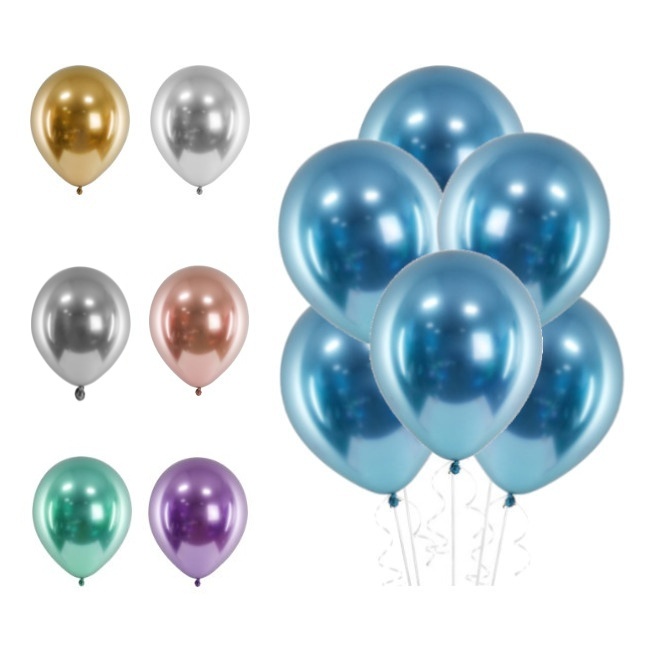 Vista delantera del globos de látex cromados de 12 cm - PartyDeco - 50 unidades en color azul, dorado, plateado, plateado oscuro, rosa dorado, verde y violeta