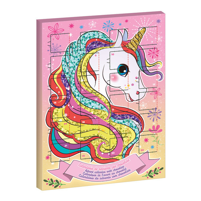Vista delantera del calendario de adviento de Unicornio colorido en stock