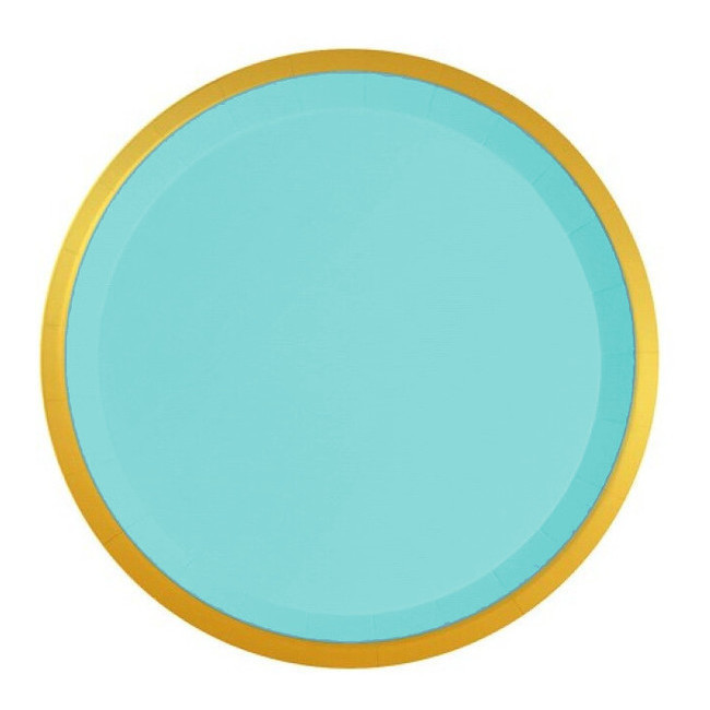 Vista delantera del platos redondos en color amarillo, azul, rosa y verde