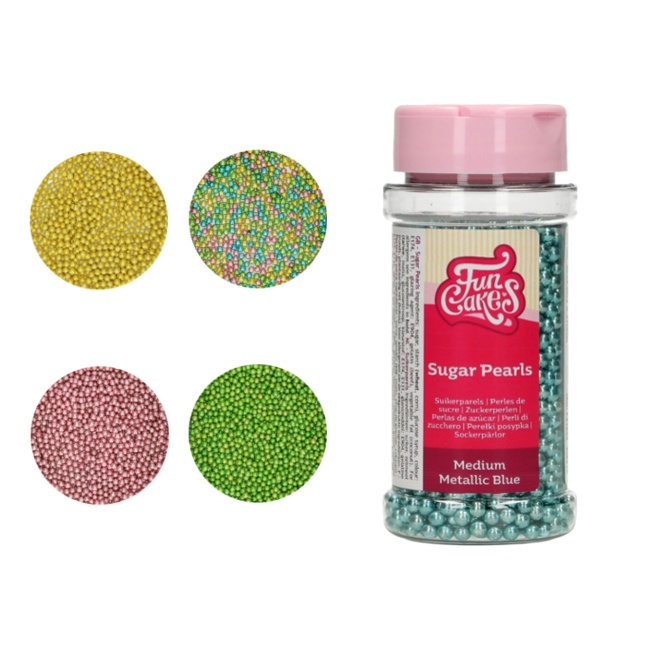 Vista delantera del sprinkles de perlas de colores metalizados de 80 gr - FunCakes en color azul, dorado, multicolor, rosa y verde