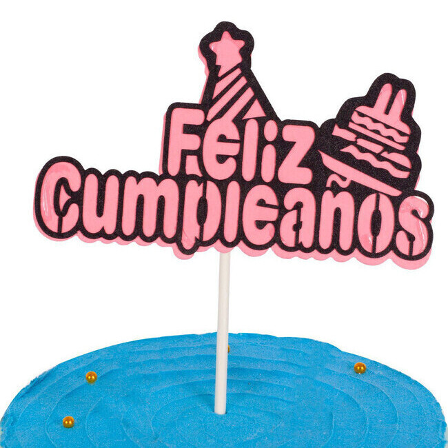 Topper decoración tartas happy birthday en letras y color oro rosa.