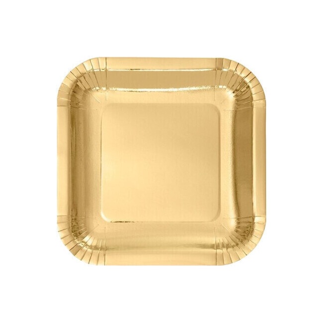 Vista frontal del platos cuadrados metalizados de cartón de 18 cm - Maxi products - 12 unidades en color dorado, plateado y rojo