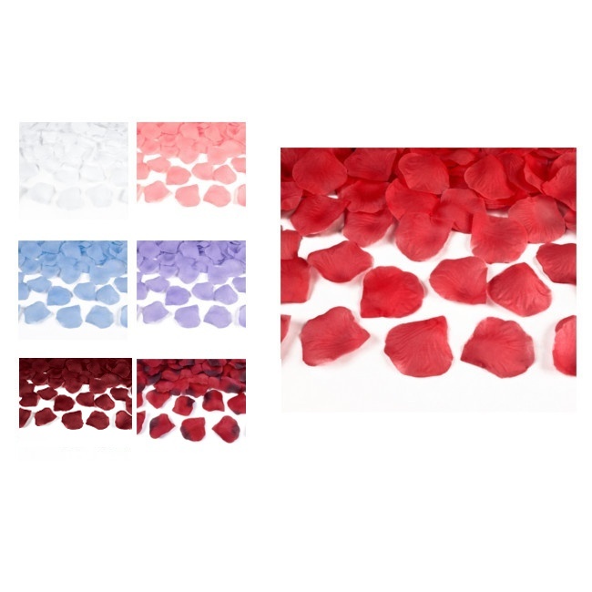Vista frontal del pétalos de flor - 100 unidades aprox. en color azul, blanco, granate, lila, rojo, rojo degradado y rosa