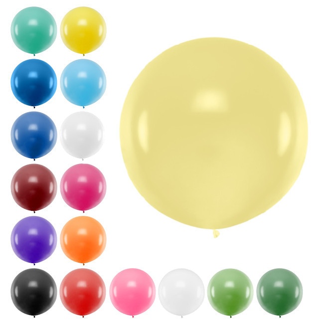 Vista frontal del globo de látex gigante de 1 m - PartyDeco - 1 unidad en color aguamarina, amarillo, azul, azul claro, azul marino, blanco, borgoña, crema, fucsia, lila, naranja, negro, rojo, rosa, transparente, verde y verde oscuro