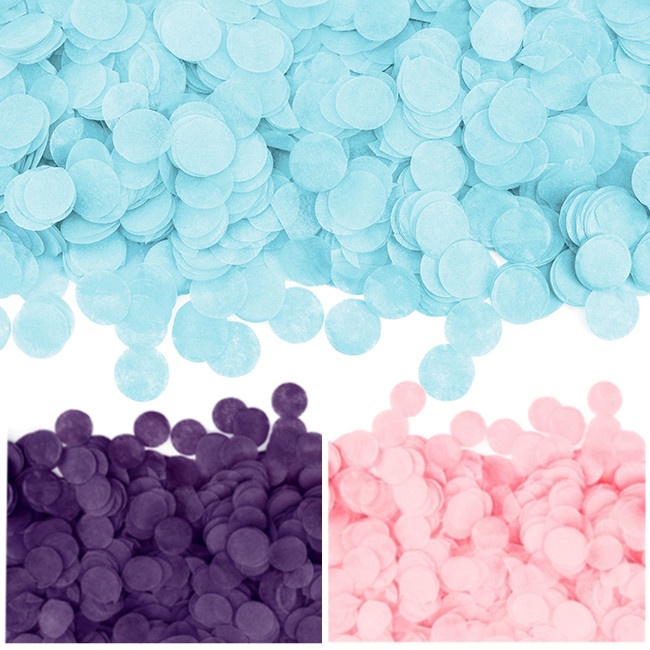Vista delantera del confetti redondo de 15 gr en color azul claro, lila, negro, rosa y verde