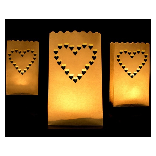 10 bolsas de luz de papel con forma de corazón para velas de té color blanco