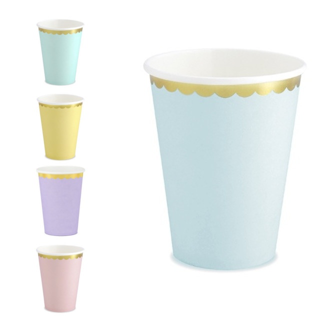 Vista delantera del vasos en color aguamarina, amarillo, azul, lila y rosa
