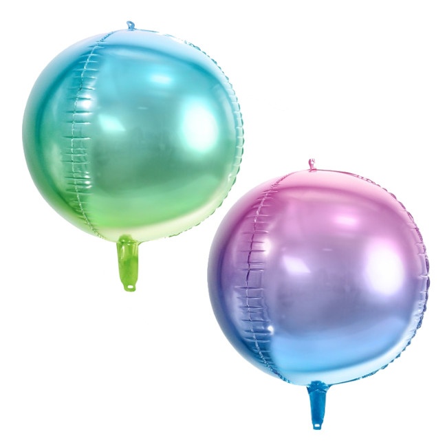 Vista frontal del globo orbz degradado de 35 cm - PartyDeco en color azul y verde, naranja y rosa y rosa, lila y azul