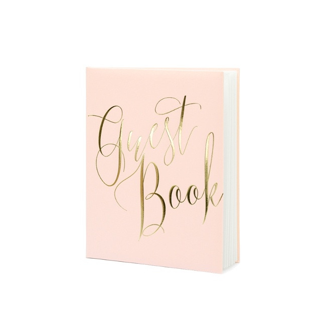 Foto detallada de libro de firmas Guest Book rosa con letras doradas